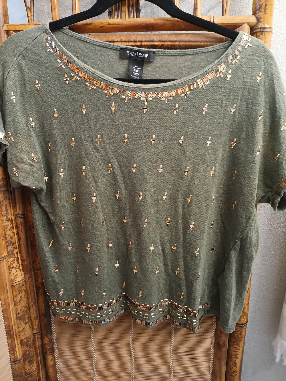 White House Black Market Olive Green Embellished Short Sleeve Top